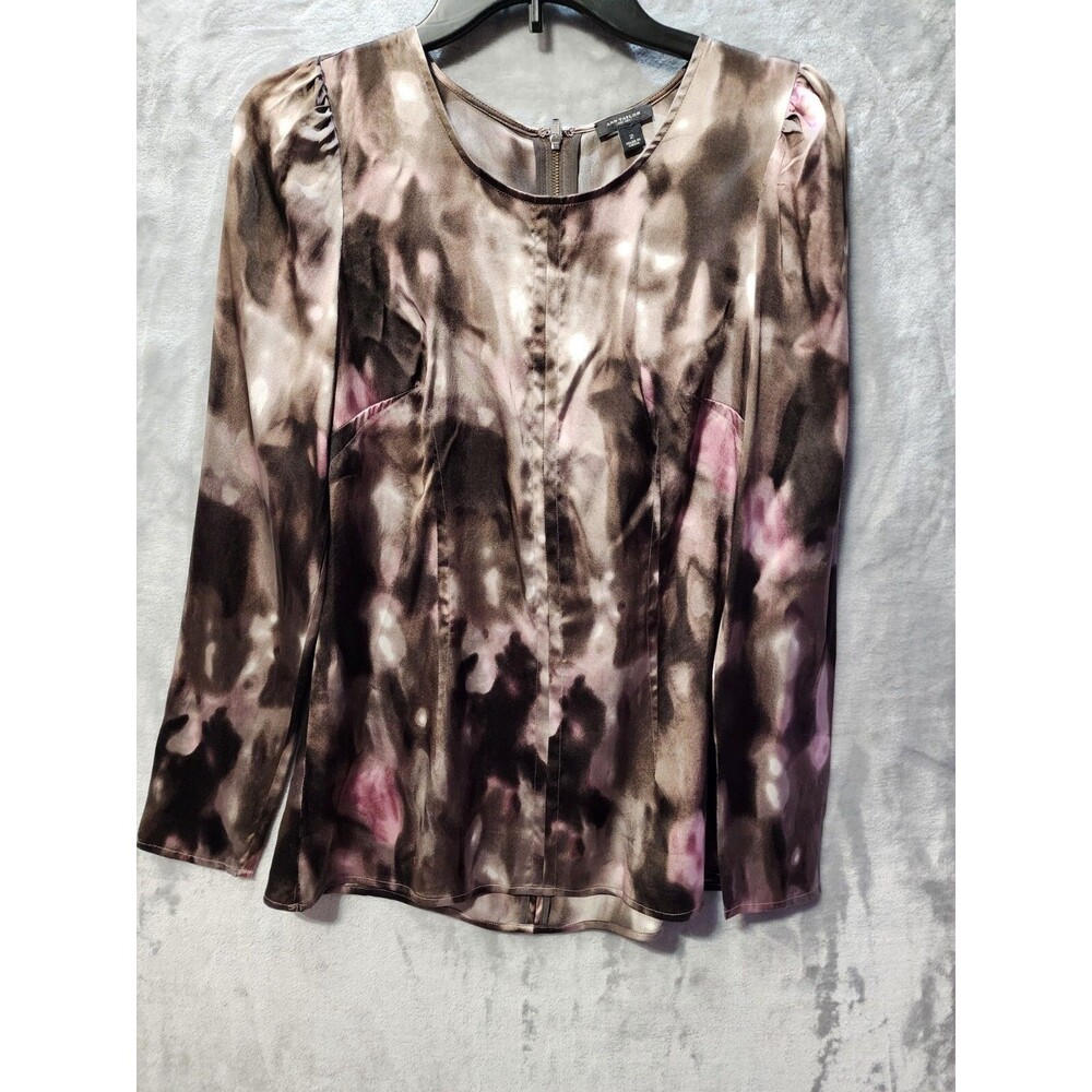 Ann Taylor Blouse 94% Silk Shirt Womens 2 Brown Marbled Dressy Work Zipper Back